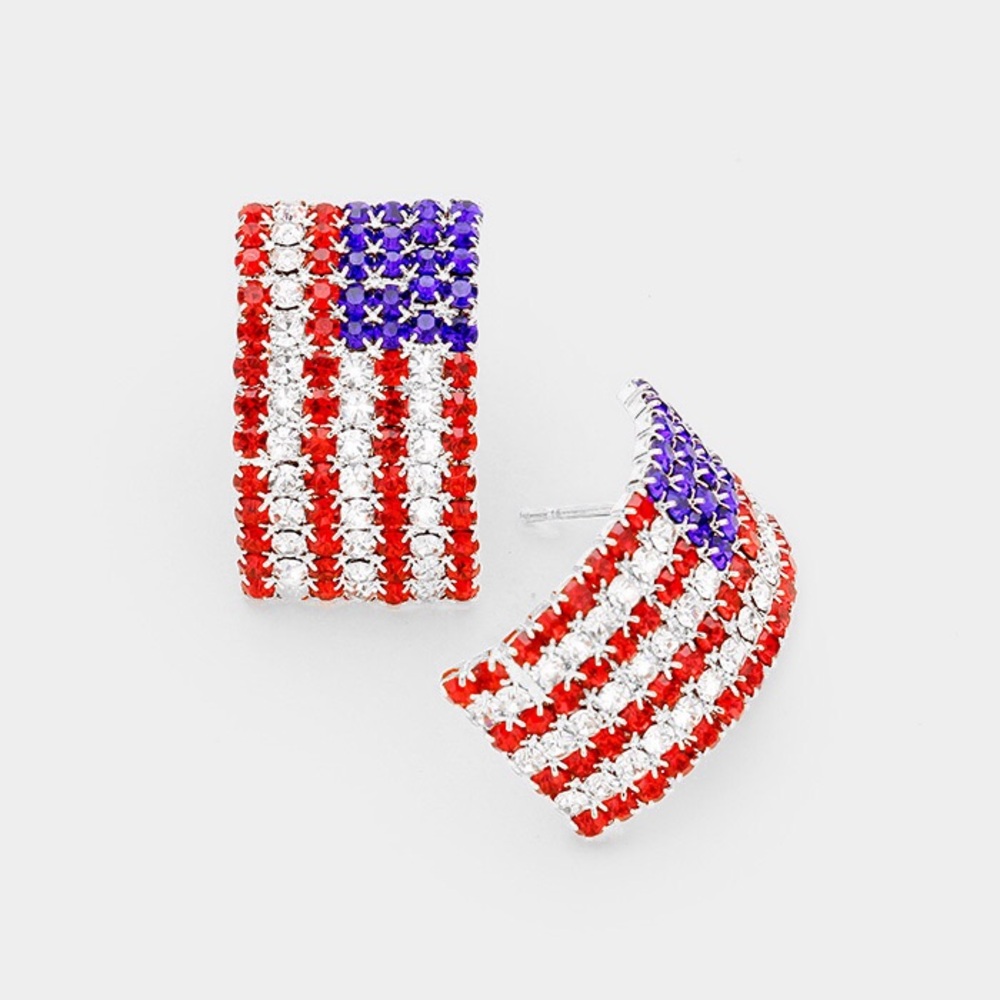 American USA Flag Rhinestone Statement Earrings